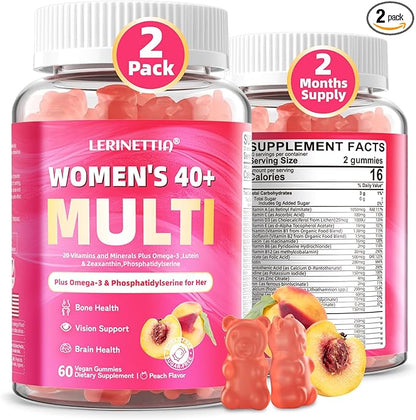 Multivitamin for Women Gummies for 40+ with Omega-3, Niacinamide, B-Complex, Lutein, Iron, Choline, Phosphatidylserine, Vitamin D3 for Skin, Hair, Energy, Immune, Bone - Vegan, Sugar Free, 120Cts