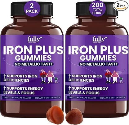 Iron Gummies Supplements for Adults (Women, Men) and Kids – Grape Flavor- Supports Anemia, Energy and Focus Levels – 200 Count