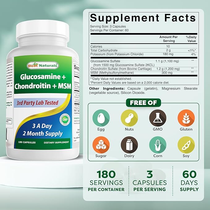 Best Naturals, Glucosamine Chondroitin and MSM Joint Supplements, 2600 mg per Serving, (180 Count (Pack of 2))