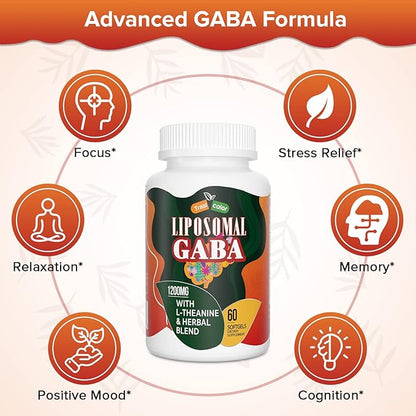 Liposomal GABA with L-Theanine Supplements 1200mg - High Absorption GABA Complex with Ashwagandha, Chamomile, Tart Cherry Herbal Supplements for Men and Women, 120 Softgels