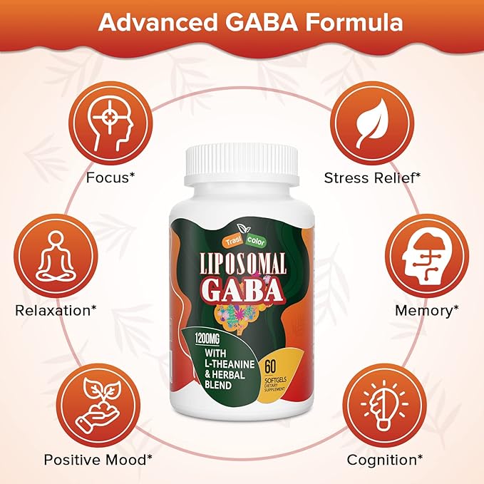 Liposomal GABA with L-Theanine Supplements 1200mg - High Absorption GABA Complex with Ashwagandha, Chamomile, Tart Cherry Herbal Supplements for Men and Women, 60 Softgels