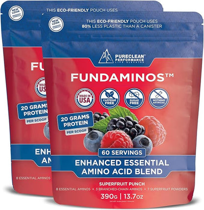 FUNDAMINOS - Premium Plant Based Organic Essential Amino Acids Powder + BCAA Powder - Gluten Free, Non-GMO Amino Acid Supplement for Muscle Mass, Peak Strength & Muscle Recovery (2 Bags 60 Servings)