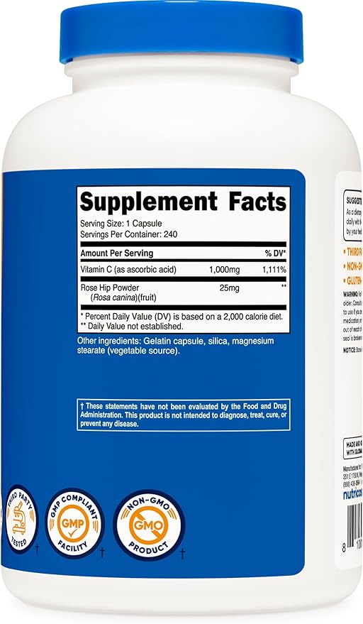 Nutricost Vitamin C with Rose HIPS 1025mg, 240 Capsules - Vitamin C 1,000mg, Rose HIPS 25mg, Premium, Non-GMO, Gluten Free Supplement