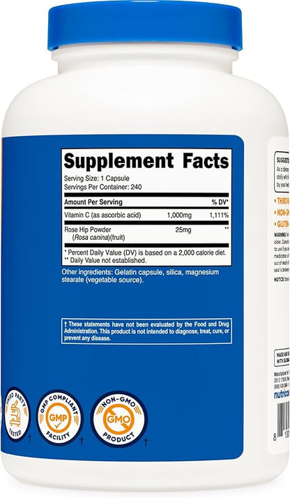 Nutricost Vitamin C with Rose HIPS 1025mg, 240 Capsules - Vitamin C 1,000mg, Rose HIPS 25mg, Premium, Non-GMO, Gluten Free Supplement