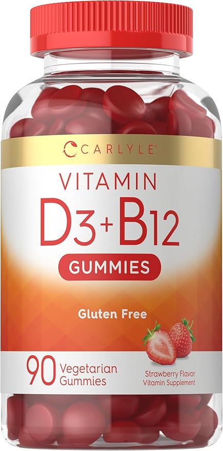 Carlyle Vitamin D3 + B12 Complex Gummies | 90 Count | Vegetarian, Non-GMO, and Gluten Free Formula | Strawberry Flavor Supplement