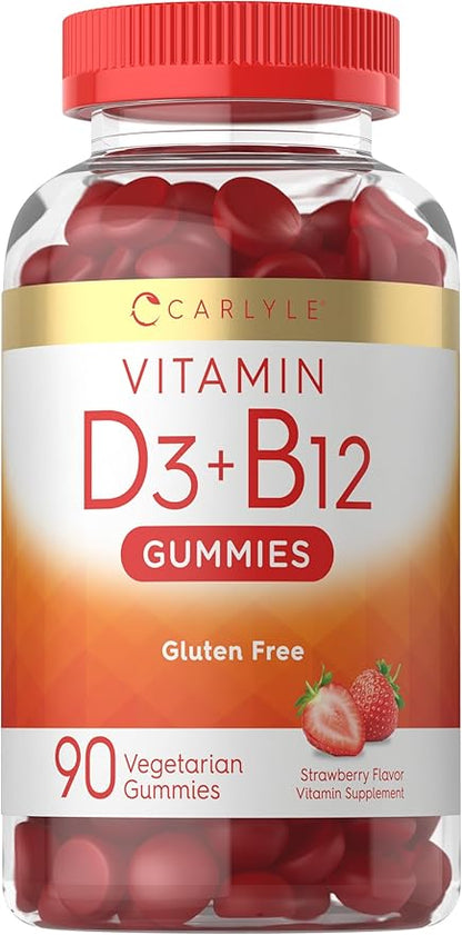 Carlyle Vitamin D3 + B12 Complex Gummies | 90 Count | Vegetarian, Non-GMO, and Gluten Free Formula | Strawberry Flavor Supplement