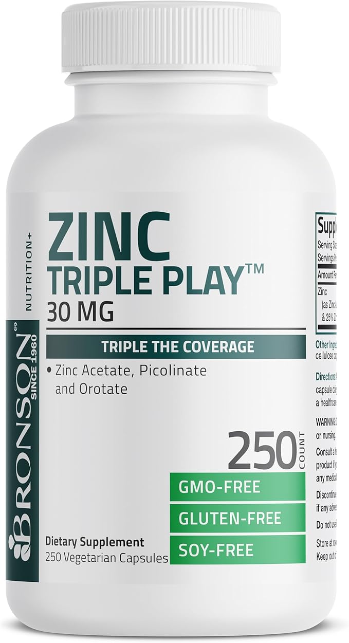 Bronson Zinc Triple Play 30 mg Triple Coverage Immune Support Zinc Supplement with Zinc Acetate, Picolinate & Orotate - Immune, Antioxidant & Skin Health Support - 250 Vegetarian Capsules