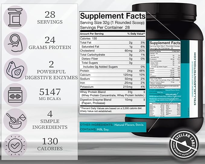 Stellar Labs Whey Protein Powder with BCAA's & Whey Isolate | Certified Low FODMAP, Non GMO, Gluten Free, Soy Free, Low Carb, Keto, with Stevia | All Natural Lean Post Workout Shakes | Vanilla