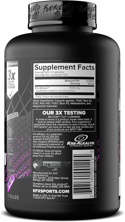 EFX Sports Kre-Alkalyn EFX | pH Correct Creatine Monohydrate Pill Supplement | Strength, Muscle Growth & Performance | 120 Servings, 240 Capsules