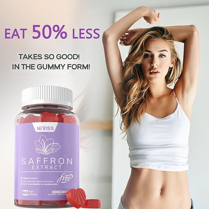Sugar Free Saffron Gummies - Saffron Supplement Gummies 100% Pure Saffron Extract Whole Herb Gummies with Honey for Mood & Power, Vitamin B6, B12, D3, C - Organic, Vegan, Mixed Berry Flavor - 120Cts