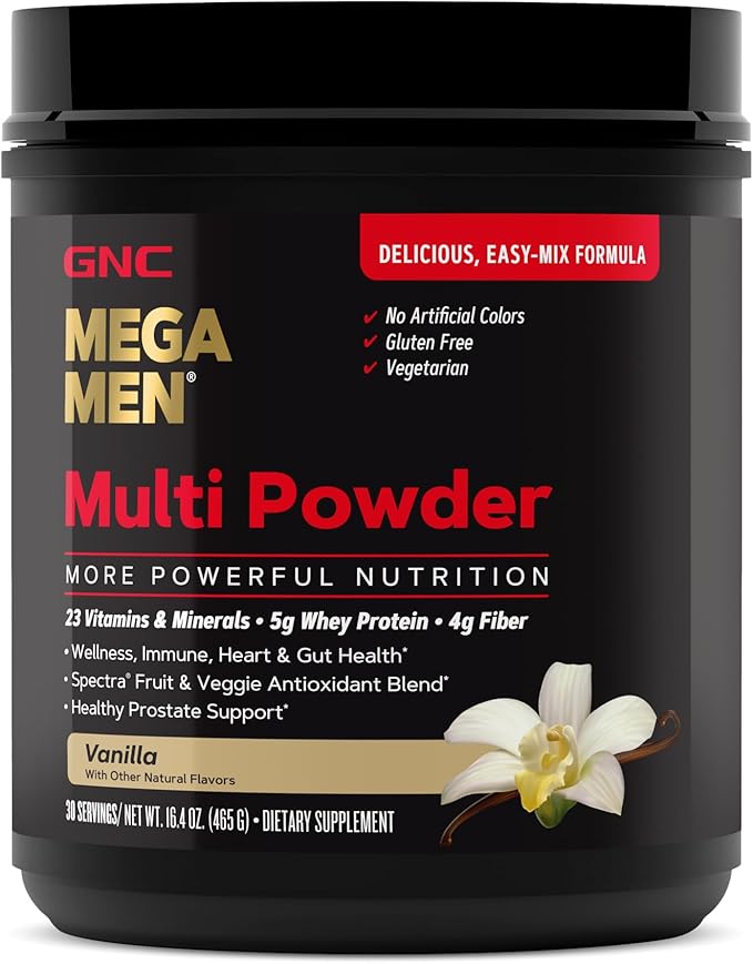 GNC Mega Men Multi Powder - Vanilla | Supports Overall Men’s Wellness, Heart Health, Energy Production | 30 Servings