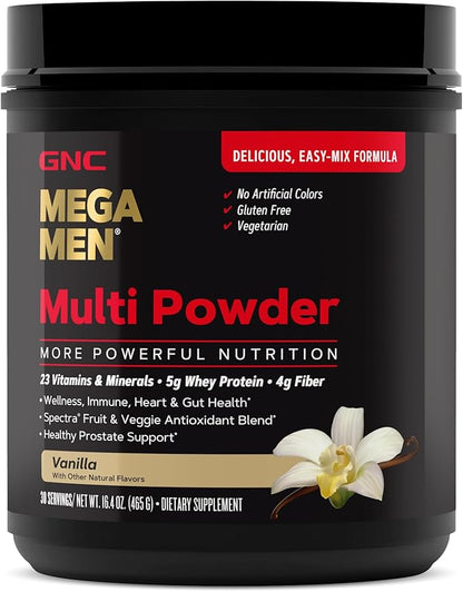 GNC Mega Men Multi Powder - Vanilla | Supports Overall Men’s Wellness, Heart Health, Energy Production | 30 Servings