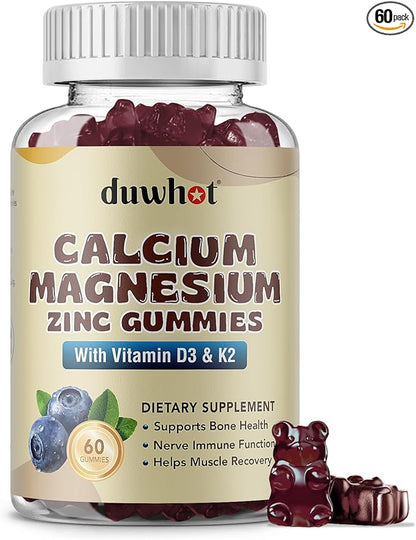 Calcium Magnesium Zinc Gummies for Women, Chewable Calcium Supplement 1000 mg Vitamin D3 & K2, Bone & Nerve Health, Muscle Function, Immune Support & Stress Relief, Blueberry Flavor, 60 Ct