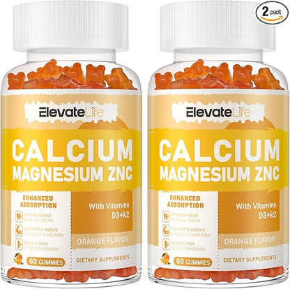 Calcium Magnesium Zinc Gummies with Vitamin D3 & K2 - High Potency Enhanced Absorption -120 Orange Gummies Flavored