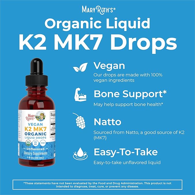 MaryRuth Organics USDA Organic Vitamin K2 MCT Liquid Drops for Adults & Kids | 100 mcg K2 MK7 per serving + Organic MCT Oil | Vegan K2 Vitamin for Bone Health | Heart Health | Calcium Absorption | 1oz
