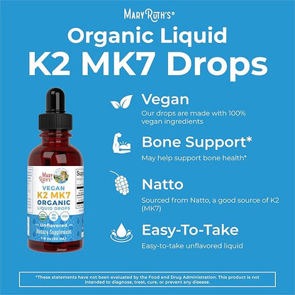 MaryRuth Organics USDA Organic Vitamin K2 MCT Liquid Drops for Adults & Kids | 100 mcg K2 MK7 per serving + Organic MCT Oil | Vegan K2 Vitamin for Bone Health | Heart Health | Calcium Absorption | 1oz