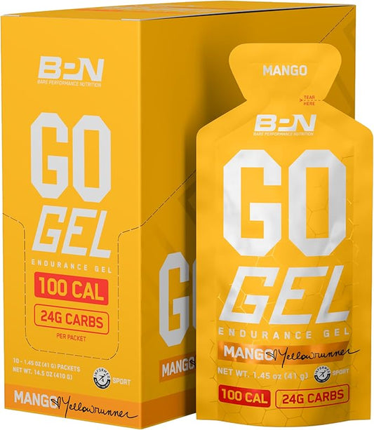 Bare Performance Nutrition, BPN Go Gel Endurance Gel, Vegan + Gluten Free Running Gel with 24g of Carbohydrates & 100 Calories per Gel Pack, 10 Single-Serving Gel Packs, Mango