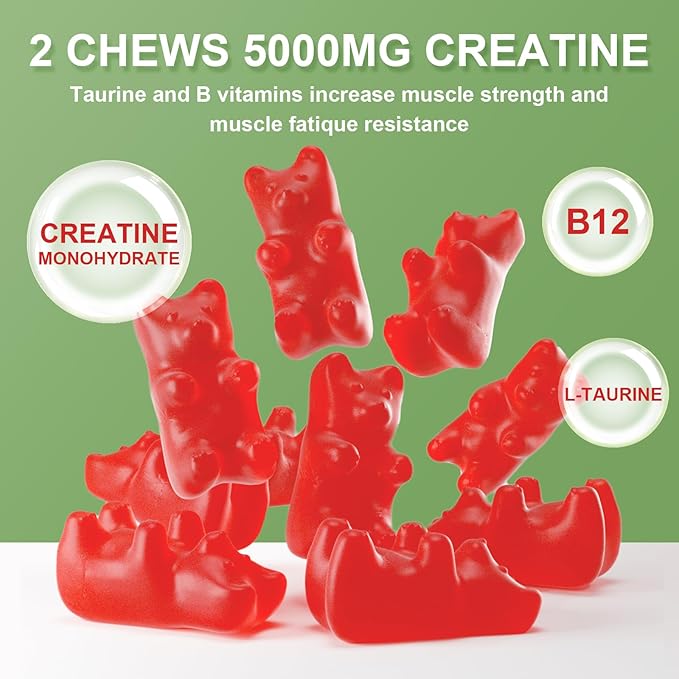 Creatine Monohydrate Gummies for Men & Women, Chewables Creatine Monohydrate for Muscle Strength, Muscle Builder, Energy Boost, Sugar Free, Vegan, Strawberry Flavor-120 Count