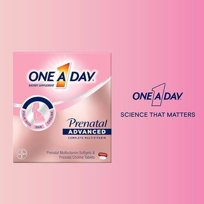 One A Day Womens Prenatal Advanced Complete Multivitamin with Brain Support* with Choline, Folic Acid, Omega-3 DHA & Iron for Pre, During and Post Pregnancy, 30+30 Count (60 Total Set)