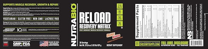 NutraBio Reload - Powerful Muscular Recovery Formula - Post-Workout Supplement - 3G Creatine - 8G BCAAs - 5G Glutamine - 30 Servings, Orange Mango