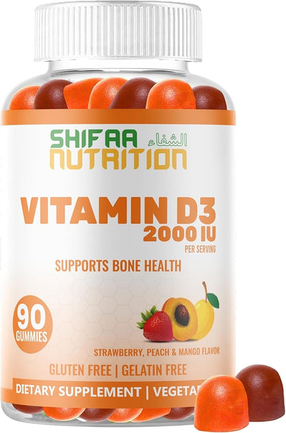 Vegetarian Vitamin D3 Gummies for Adults & Kids | 45-90 Servings, 2,000IU / 1,000IU | Non-GMO, Gluten-Free, Gelatin-Free | Supports Bones, Muscles & Immune System Halal Vitamins