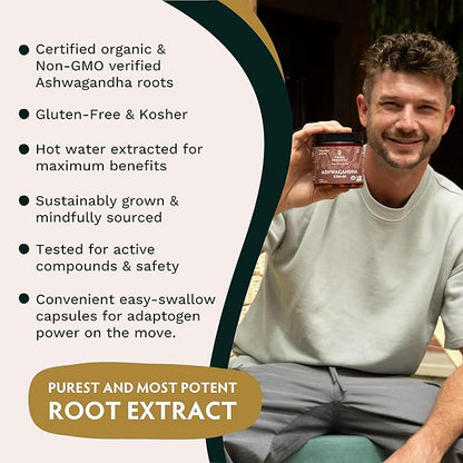 TRIBE ORGANICS Ashwagandha KSM 66 Pure Organic Root Powder Extract Ayurvedic Supplement - Focus, Mood Support, Increase Energy, Strength, 600mg of Natural KSM66 for Superior Absorption - 120 Capsules