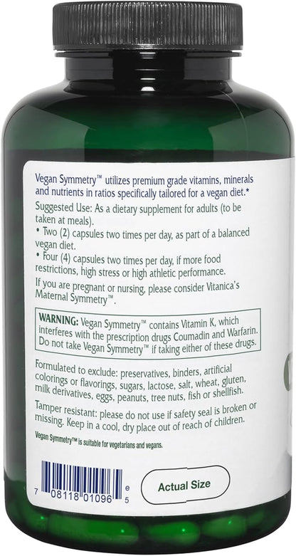 Vitanica Vegan Symmetry - Daily Multivitamin for Vegans - Heart, Bone & Immune System Health Support with Vitamin B12, Zinc, Calcium, Magnesium & More - 120 Vegan Caps