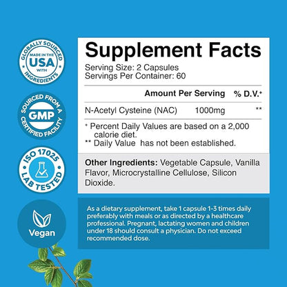 NAC Supplement N-Acetyl Cysteine 1000mg - Vegan High Absorption Non-Smelly NAC 1000mg Capsules Glutathione Precursor for Liver Cleanse Detox & Repair plus Lung Health and Immunity Support (4 Months)