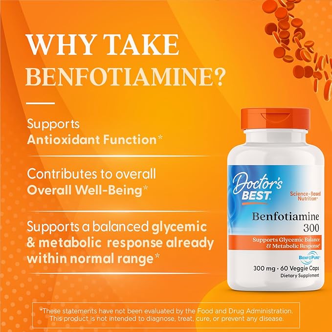 Doctor's Best Benfotiamine 300 with BenfoPure, Helps Maintain Healthy Glucose Metabolism, Non-GMO, Vegan, Gluten Free, Soy Free, 300 mg, 60 Veggie Caps