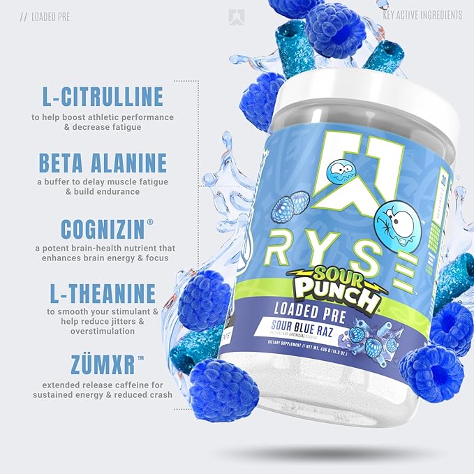 Ryse Loaded Pre Workout Powder Supplement for Men & Women | Pumps, Energy, Focus | Beta Alanine + Citrulline | 390mg Caffeine | 30 Servings (Sour Punch Blue Raz)