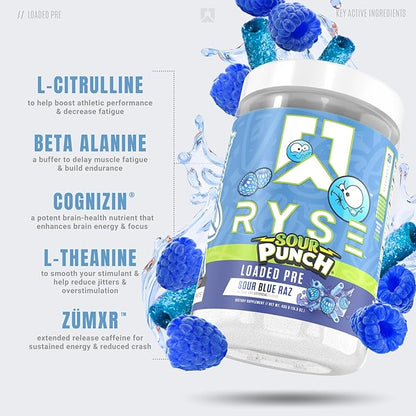 Ryse Loaded Pre Workout Powder Supplement for Men & Women | Pumps, Energy, Focus | Beta Alanine + Citrulline | 390mg Caffeine | 30 Servings (Sour Punch Blue Raz)