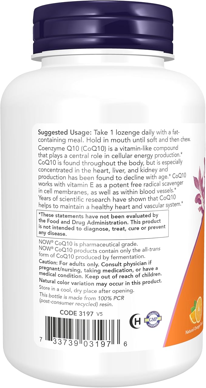 NOW Foods Supplements, CoQ10 200 mg, Pharmaceutical Grade, All-Trans Form produced by Fermentation, 90 Lozenges