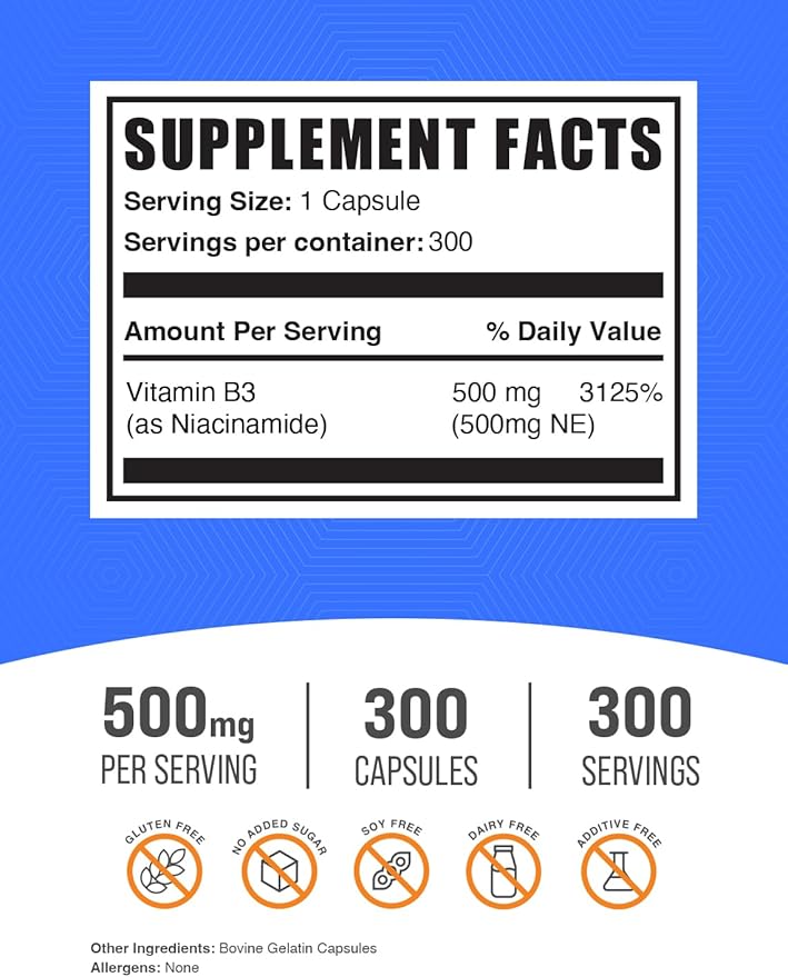 BulkSupplements.com Niacinamide Capsules - Niacinamide Supplement, Vitamin B3 Supplement, Niacinamide 500mg - Gluten Free, 1 Capsule per Serving, 300 Capsules (Pack of 1)