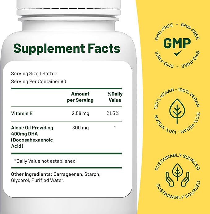 Vegan Vitality Vegan Omega 3 Supplement - 60 Plant Based Algae Oil Soft Gels Essential Fatty Acids with Vegan DHA for Joint, Heart & Immune Support Without EPA