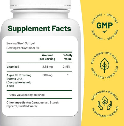 Vegan Vitality Vegan Omega 3 Supplement - 60 Plant Based Algae Oil Soft Gels Essential Fatty Acids with Vegan DHA for Joint, Heart & Immune Support Without EPA