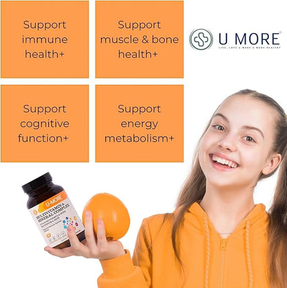 U-MORE Multivitamin & Mineral Complex, Vegan, Sugar-Free, Gluten-Free, Calcium, Magnesium, Vitamin A, B1, B2, B5, B6, B12, D3, K, C, Iron, Zinc, Supports Immune System & Overall Health - 60 Tablets