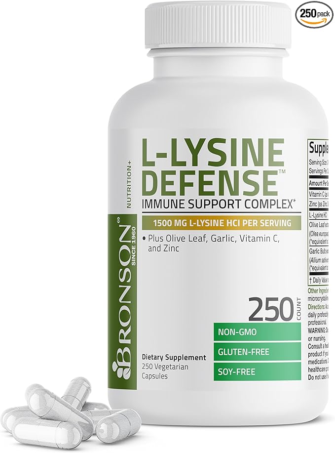 Bronson L-Lysine Defense Immune Support Complex 1500 MG L-Lysine Plus Olive Leaf, Garlic, Vitamin C and Zinc - Non-GMO, 250 Vegetarian Capsules