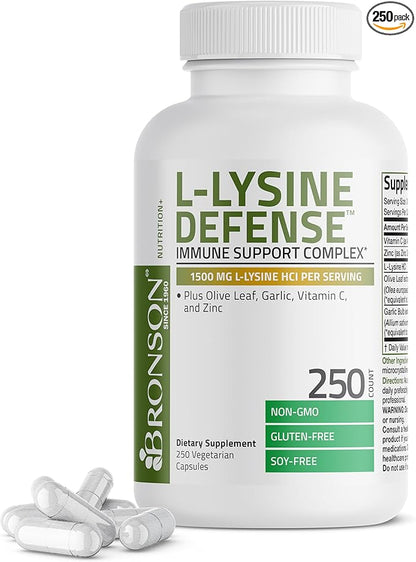 Bronson L-Lysine Defense Immune Support Complex 1500 MG L-Lysine Plus Olive Leaf, Garlic, Vitamin C and Zinc - Non-GMO, 250 Vegetarian Capsules