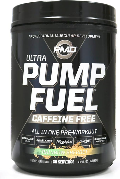 PMD Sports Ultra Pump Fuel Caffeine Free - Pre Workout Drink Mix - Energy, Strength, Endurance, Recovery Complex Carbohydrates and Amino Energy - Rockin Rainbow Sherbet (30 Servings)