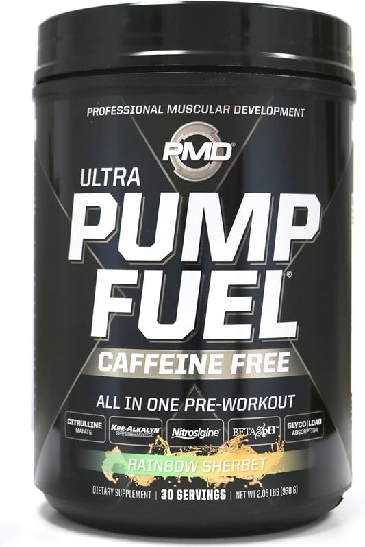 PMD Sports Ultra Pump Fuel Caffeine Free - Pre Workout Drink Mix - Energy, Strength, Endurance, Recovery Complex Carbohydrates and Amino Energy - Rockin Rainbow Sherbet (30 Servings)