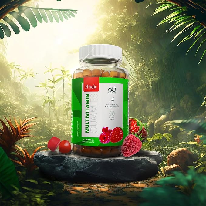 Khair Halal Adult Multivitamins Gummy - Vegan, Non-GMO - Gluten Free, Gelatin Free - Essential Vitamins: Vitamin A E C D B12 & Vitamin B6 Halal Vitamins - 60 Gummies