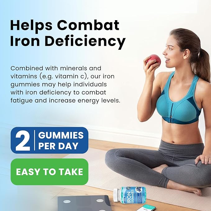 Iron Gummies with Multivitamin, Iron Supplement for Women & Men with Zinc, Vitamin B Complex & C, B12, Folate - Blood Builder & Energy Support for Adults & Kids - Blueberry Flavor, Vegan 60 Gummies
