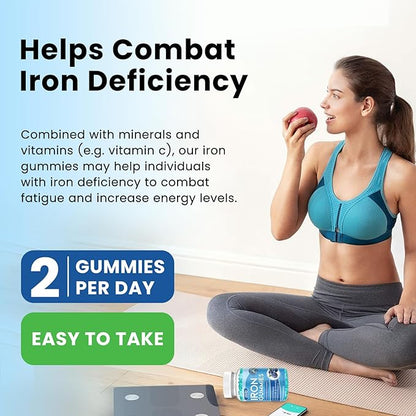 Iron Gummies with Multivitamin, Iron Supplement for Women & Men with Zinc, Vitamin B Complex & C, B12, Folate - Blood Builder & Energy Support for Adults & Kids - Blueberry Flavor, Vegan 60 Gummies