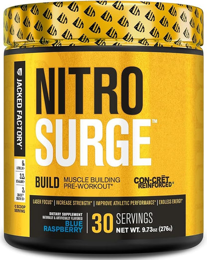 Jacked Factory Nitrosurge Build Pre Workout with Creatine for Muscle Building - Con Cret Creatine Powder & elevATP for Intense Energy, Powerful Pump, & Endless Endurance - 30 Servings, Blue Raspberry