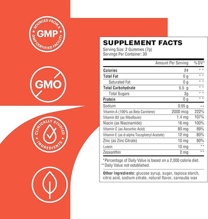 Florio Eye Health Gummy Vitamins for Adults, 2X Lutein & Zeaxanthin, Vitamins A, B2, B3, C & E, Preserve Macular & Retinal Health, Fights Oxidation, 30-Day Supply, Natural Peach Flavor