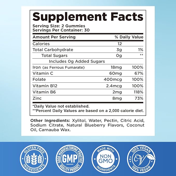 Iron Gummies for Women & Men - Iron Supplement with Vitamin B6, B12, C, Zinc, Folate for Adults & Kids - Support Iron Deficiency, Anemia, Energy Boost, Blood Builder - Sugar Free Vegan 60ct Blueberry