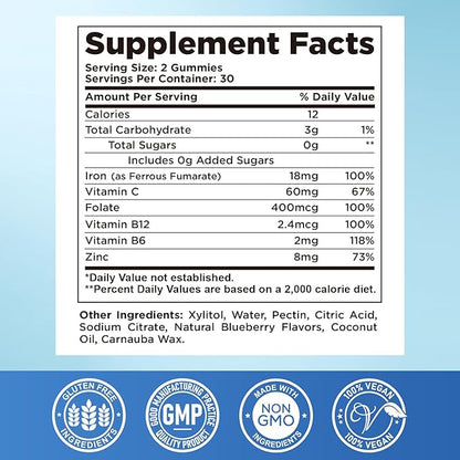 Iron Gummies for Women & Men - Iron Supplement with Vitamin B6, B12, C, Zinc, Folate for Adults & Kids - Support Iron Deficiency, Anemia, Energy Boost, Blood Builder - Sugar Free Vegan 60ct Blueberry