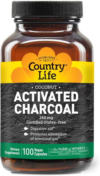 Country Life Activated Charcoal Capsules, 260mg – Natural Charcoal Supplement for Gas and Bloating Relief - Organic Coconut Charcoal, Gluten-Free, Non-GMO, 100 Vegan Capsules