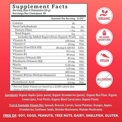 Llama Naturals Real Fruit Gummy Vitamins for Adults, No Added Sugar Cane, Whole Food Multivitamin Gummies for Women and Men, Vegan, Organic, Plant Based, Chewable, 120 Count (30 Day Supply) Strawberry