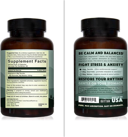 Natural Rhythm Triple Calm Magnesium 150 mg - 120 Capsules – Magnesium Complex Compound Supplement with Magnesium Glycinate, Malate, and Taurate. Calming Blend for Promoting Rest and Relaxation.